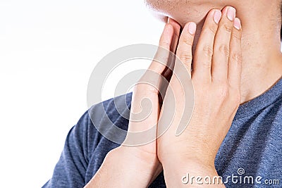 Male hand touching thyroid nodule. Medical, healthcare for advertising concept Stock Photo