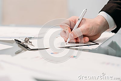 Male hand writing info sketch board business paper Stock Photo