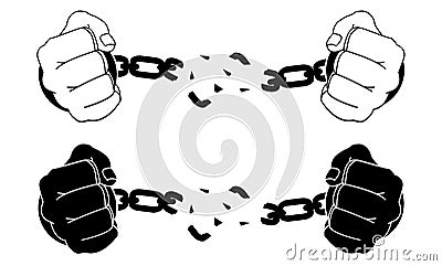 Male hands breaking steel handcuffs. Black and Vector Illustration