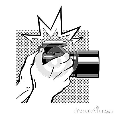 Black and white male hands with a camera Cartoon Illustration