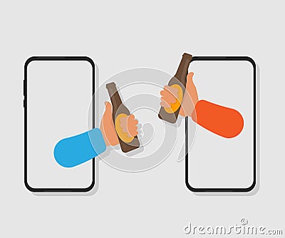 Male Hands Clinking Beer Bottles Through Smartphones, White Background, Vector Vector Illustration