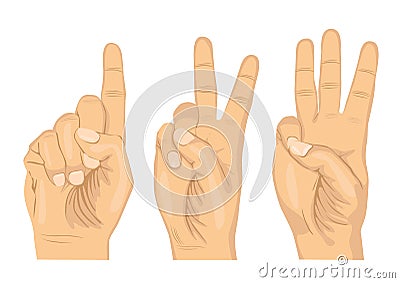 Male hands counting numbers one two and three with fingers Vector Illustration