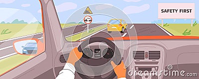 Male hands driving car moving on highway vector illustration. Driver riding on road inside of automobile. Safety first Vector Illustration