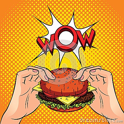 Male hands hold a juicy burger over a halftone background. Cartoon Illustration