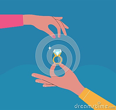 Male hands holding engagement ring. Woman`s hand takes a ring. Vector flat style illustration Vector Illustration