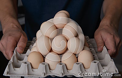 Male hands holding a full tray of fresh and clean chicken eggs Stock Photo