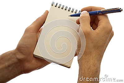 Male hands holding pad and pen isolated on a white Stock Photo