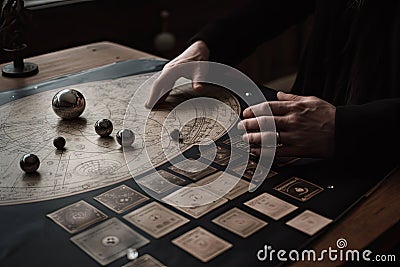 Male hands holding tarot cards. Astrologer calculates natal chart and makes a forecast. Generative AI Cartoon Illustration