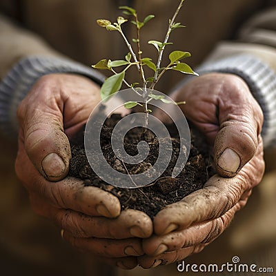 Male hands holding a tree sapling to be planted. save the planet with afforestation. Our green future. Generative AI Stock Photo