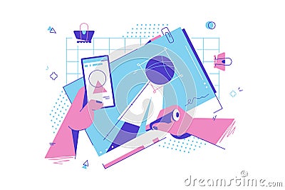 Male hands holding and using mobile phone for drawing blueprints. Vector Illustration