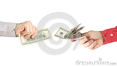 Male hands with money opposite each other on a white background. business relationship. salary Stock Photo