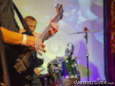 Male hands playing the guitar, drum set in the background Cartoon Illustration