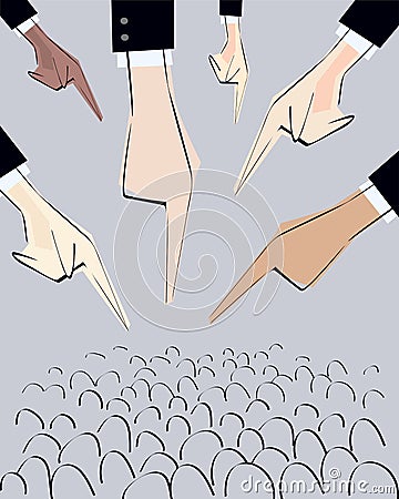 Male hands pointing with finger various directions to crowd. Vector illustration. Concept of dictate, pluralism, power, regulation Vector Illustration