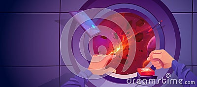 Male hands push home button front of porthole Vector Illustration