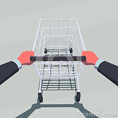 Male hands pushing empty shopping cart. Vector Illustration