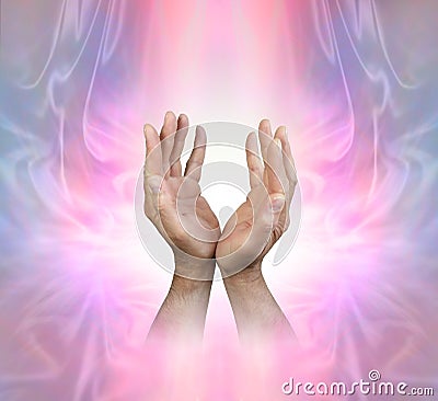 Male hands sensing Feminine Energy Field Stock Photo