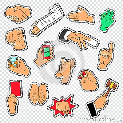 Male Hands Signs Stickers. Man Arm Gesturing. Handshaking, Fist, Applause Vector Illustration