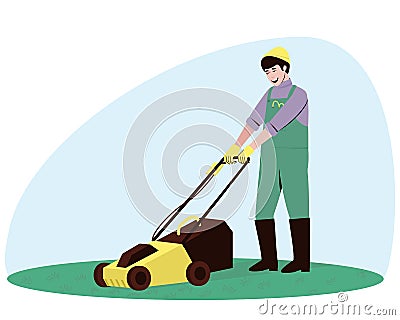 Male handyman character mowing grass Vector Illustration