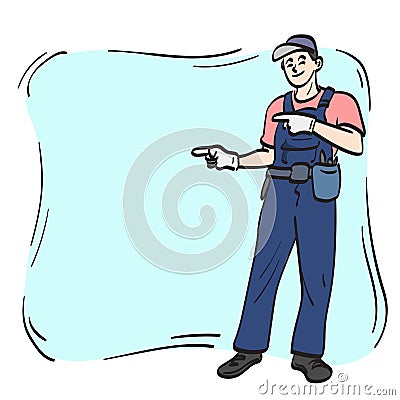 male handyman pointing on blue copy space to present something illustration vector hand drawn isolated on white background line Vector Illustration
