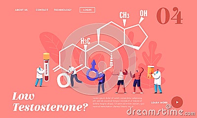 Male Health Landing Page Template. Tiny Characters Patient and Doctor with Blood Test Flask at Huge Testosterone Formula Vector Illustration