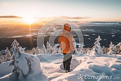 Male hiker admiring a scenic view from a snowy mountain top. Adventurous young man with a backpack. Hiking and trekking on a Stock Photo