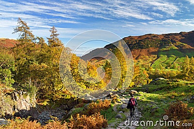 Male hiker exploring the Great Langdale valley in the Lake District, famous for its glacial ribbon lakes and rugged mountains Stock Photo