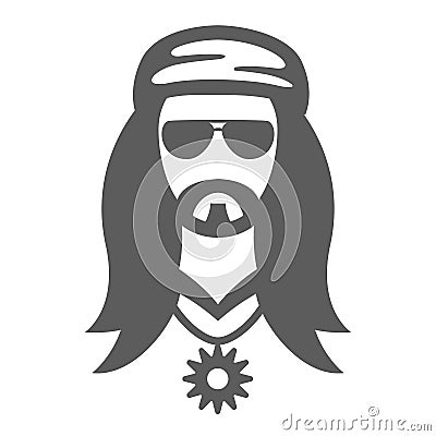 Male hippie portrait minimalist icon vector illustration. Bearded man face avatar sunglasses bandana Vector Illustration