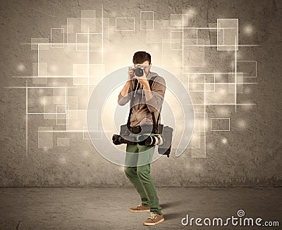 Male holdig professional camera with lens Cartoon Illustration