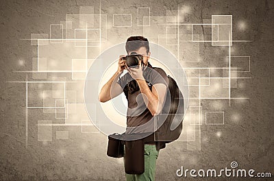 Male holdig professional camera with lens Cartoon Illustration