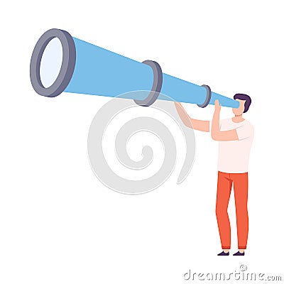 Male Holding Huge Telescope Searching and Investigating Vector Illustration Vector Illustration