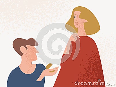 Male holding ring in box making proposal to beautiful female vector flat illustration. Enamored man proposing marriage Vector Illustration