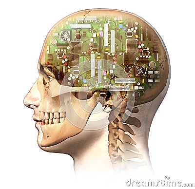 Male human head with skull and artificial electron Stock Photo