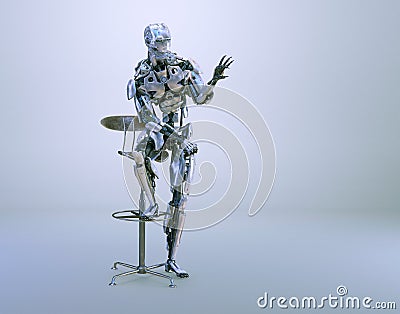 A male humanoid robot, android or cyborg, sitting on chair and holding mockup. 3D illustration Cartoon Illustration