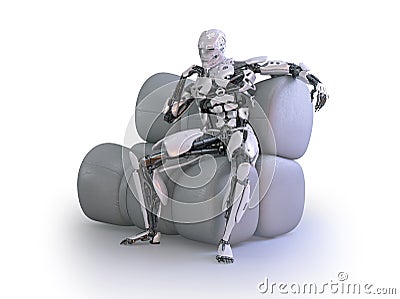 A male humanoid robot, android or cyborg, sitting on comfortable couch. 3D illustration Cartoon Illustration