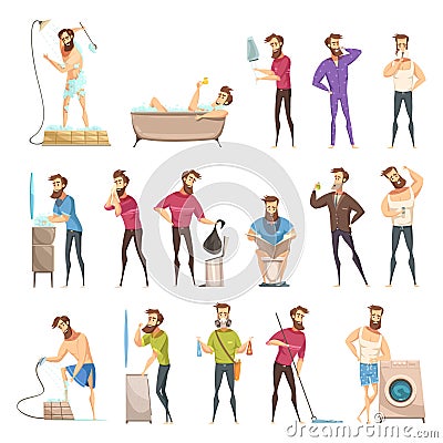 Male Hygiene Cartoon Retro Style Set Vector Illustration