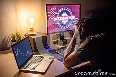 Male Investor feeling stressed due to access denied of bitcoin s Stock Photo
