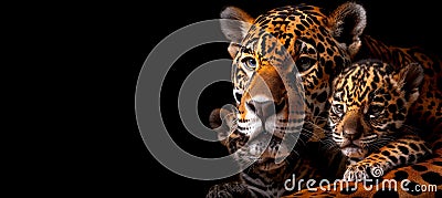 Male jaguar and cub portrait with empty space on left for text, object on right side Stock Photo