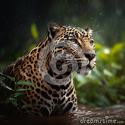 Male jaguar in the middle of the Amazonian jungle. Beautiful and endangered american jaguar in the nature habitat. Cartoon Illustration