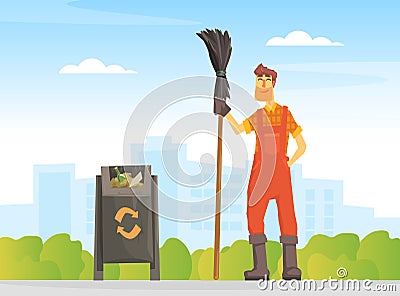 Male Janitor with Broom, Street Cleaner Man in Orange Uniform Cartoon Vector Illustration Stock Photo