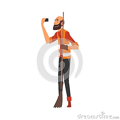 Male Janitor with Broom Taking Selfie Photo, Male Character Photographing Himself with Smartphone at Work Cartoon Vector Vector Illustration
