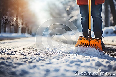 A male janitor shovels snow from the road Stock Photo