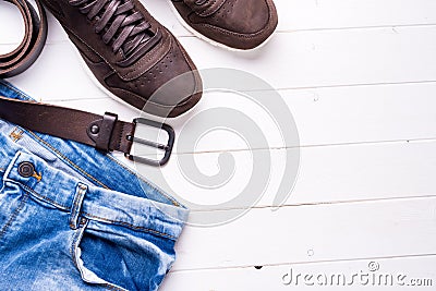 Male jeans, belt and shoes with text space Stock Photo