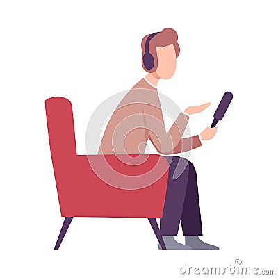 Male Journalist Making Interview, Professional Reporter Character with Microphone and Headphones Sitting in Armchair Vector Illustration