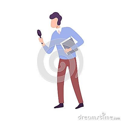 Male Journalist Making Interview, Professional Reporter Character with Microphone, Press Conference, Interview, News Vector Illustration