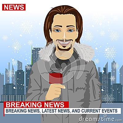 Male journalist working in winter in front of city with skyscrapers holding microphone Vector Illustration