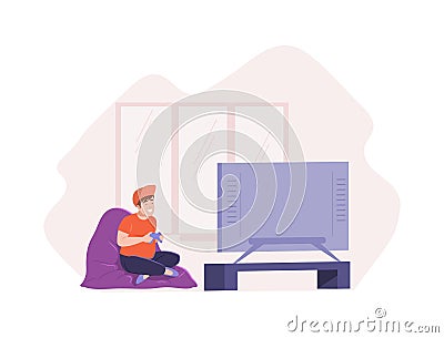 Male kid holding joystick playing virtual online video game on tv set suffering internet addiction Stock Photo