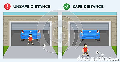 Male kid plays with ball while door is closing. Safe and unsafe distance. Garage door safety tips and rules. Vector Illustration