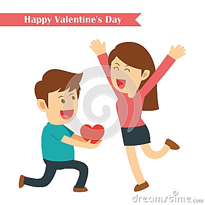 Male kneeling giving red heart for his girlfriend Vector Illustration