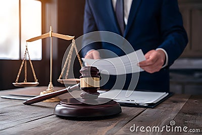 Male lawyer with contract papers and gavel in courtroom, justice concept Stock Photo