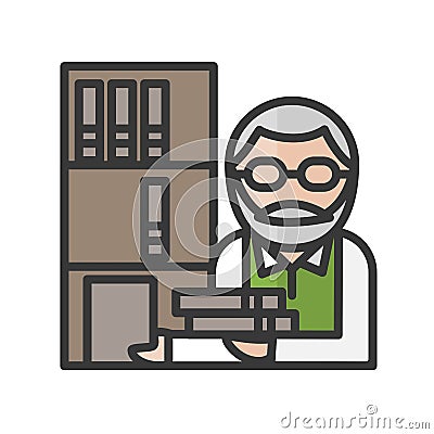 Male librarian avatar. Books seller character. Profile user, person. Roch people icon. Vector illustration Cartoon Illustration